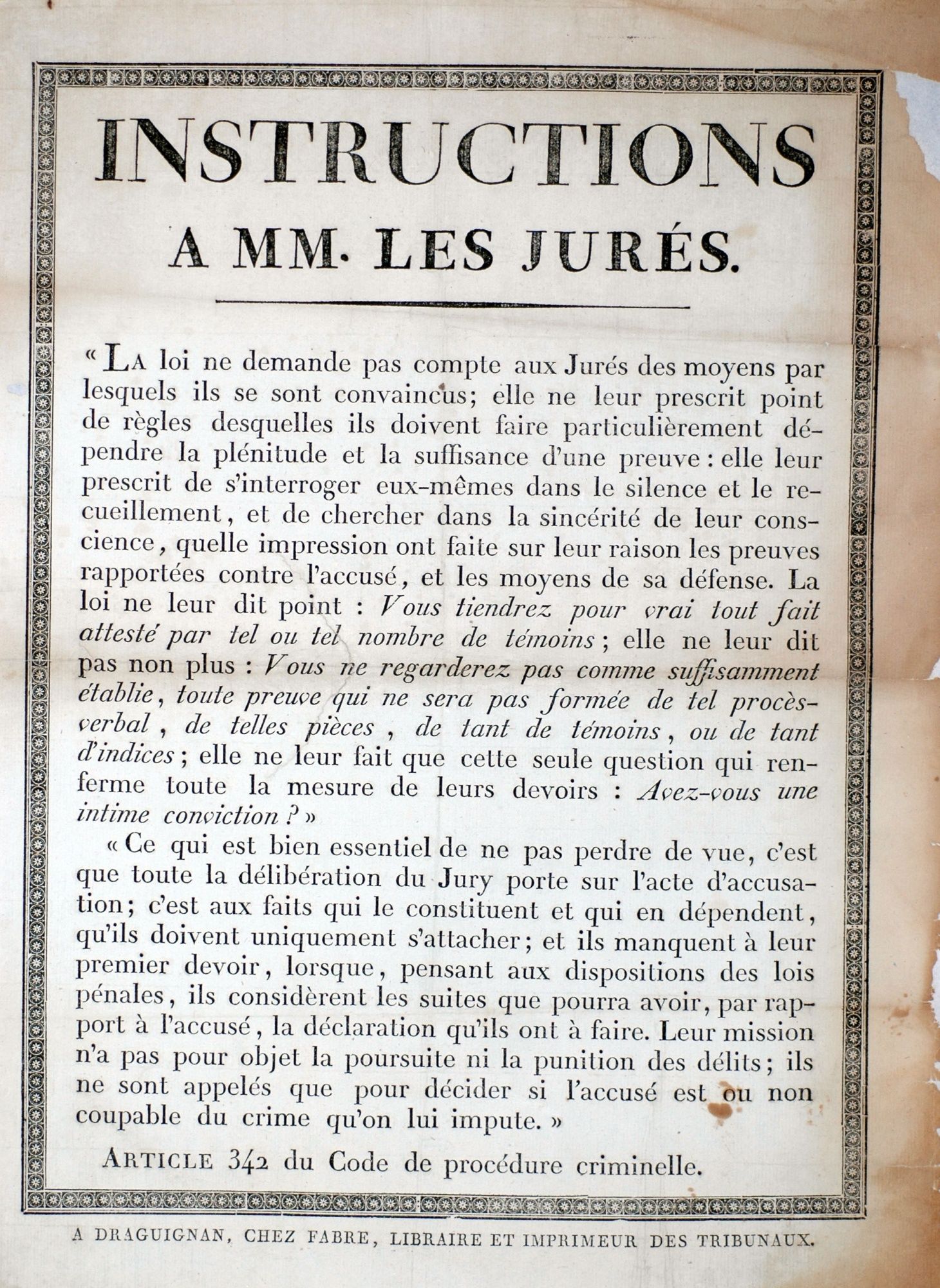 Instructions aux jurés de la cour d'assises du Var [début 19e s]